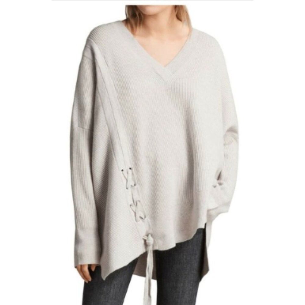 ALLSAINTS Size M/L Tan Able Ribbed V Neck Lace Up Wool‎ Blend Sweater